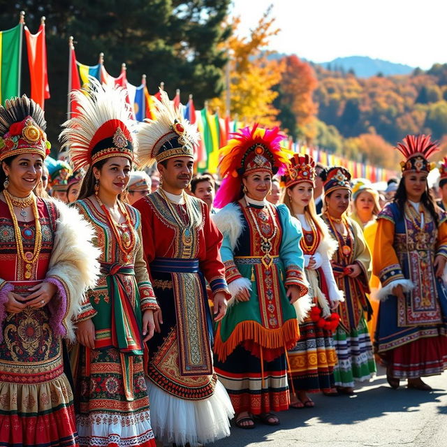 A vibrant display of human pageantry, featuring a diverse group of people in elaborate traditional costumes representing various cultures around the world