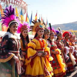 A vibrant display of human pageantry, featuring a diverse group of people in elaborate traditional costumes representing various cultures around the world
