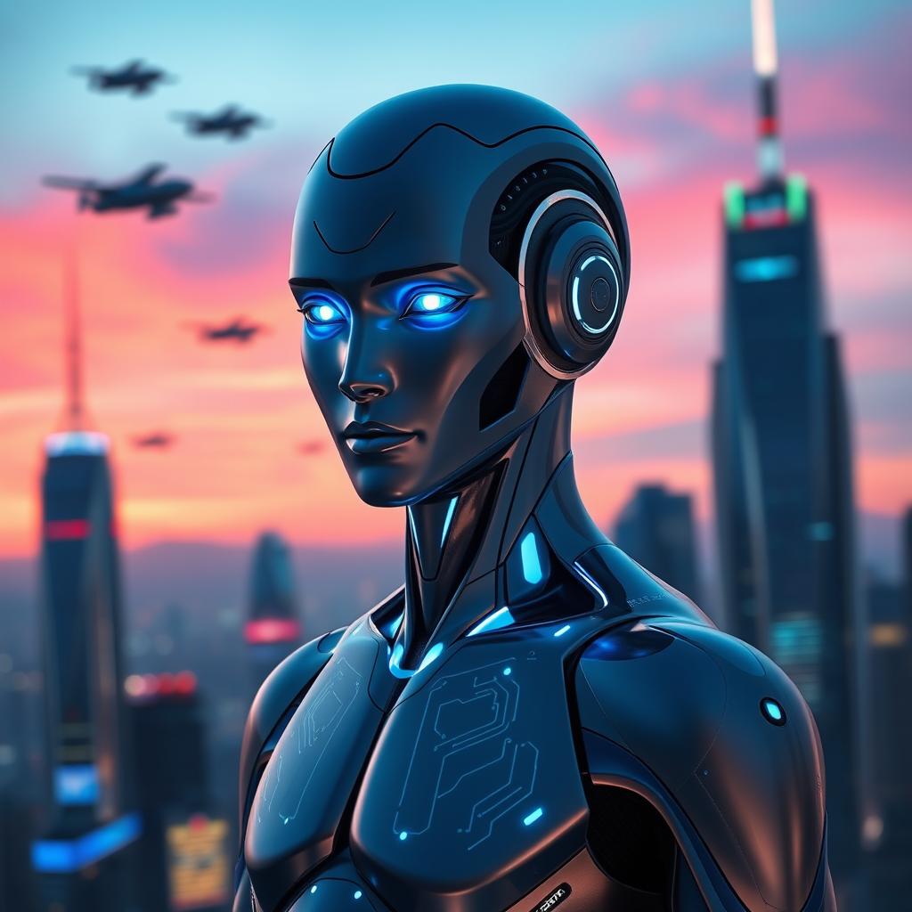 A stunningly handsome AI character with a smooth metallic surface, glowing blue eyes, and a sleek humanoid form, set against a futuristic cityscape at dusk