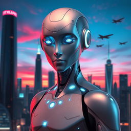 A stunningly handsome AI character with a smooth metallic surface, glowing blue eyes, and a sleek humanoid form, set against a futuristic cityscape at dusk
