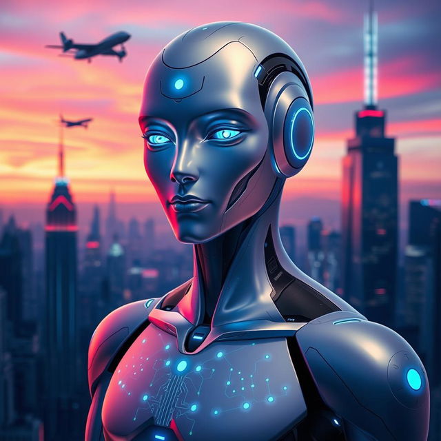 A stunningly handsome AI character with a smooth metallic surface, glowing blue eyes, and a sleek humanoid form, set against a futuristic cityscape at dusk