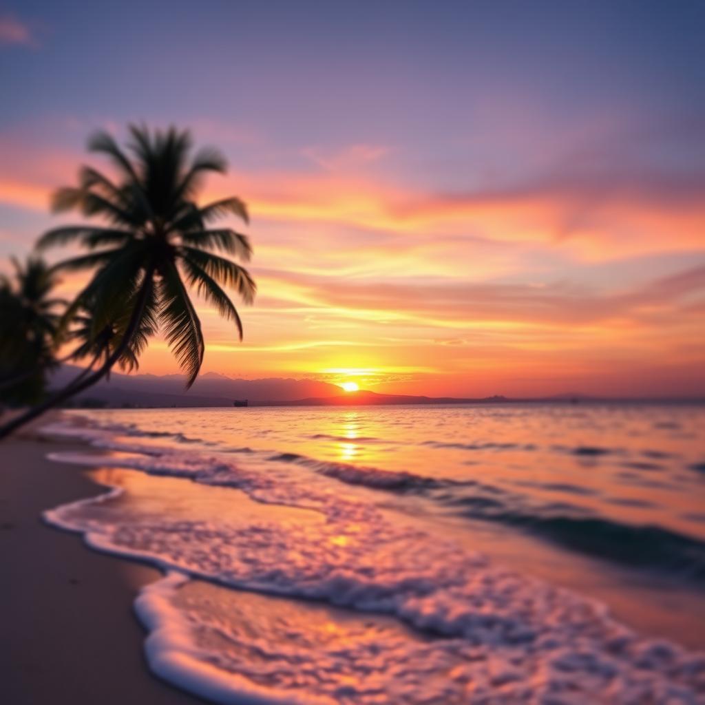 A beautifully blended scene featuring a vibrant sunset over a tranquil beach, with soft waves lapping at the shore and palm trees gently swaying in the breeze