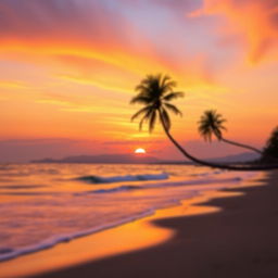 A beautifully blended scene featuring a vibrant sunset over a tranquil beach, with soft waves lapping at the shore and palm trees gently swaying in the breeze