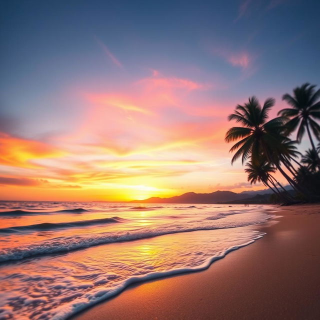 A beautifully blended scene featuring a vibrant sunset over a tranquil beach, with soft waves lapping at the shore and palm trees gently swaying in the breeze