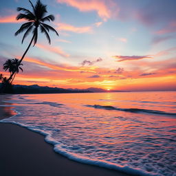 A beautifully blended scene featuring a vibrant sunset over a tranquil beach, with soft waves lapping at the shore and palm trees gently swaying in the breeze