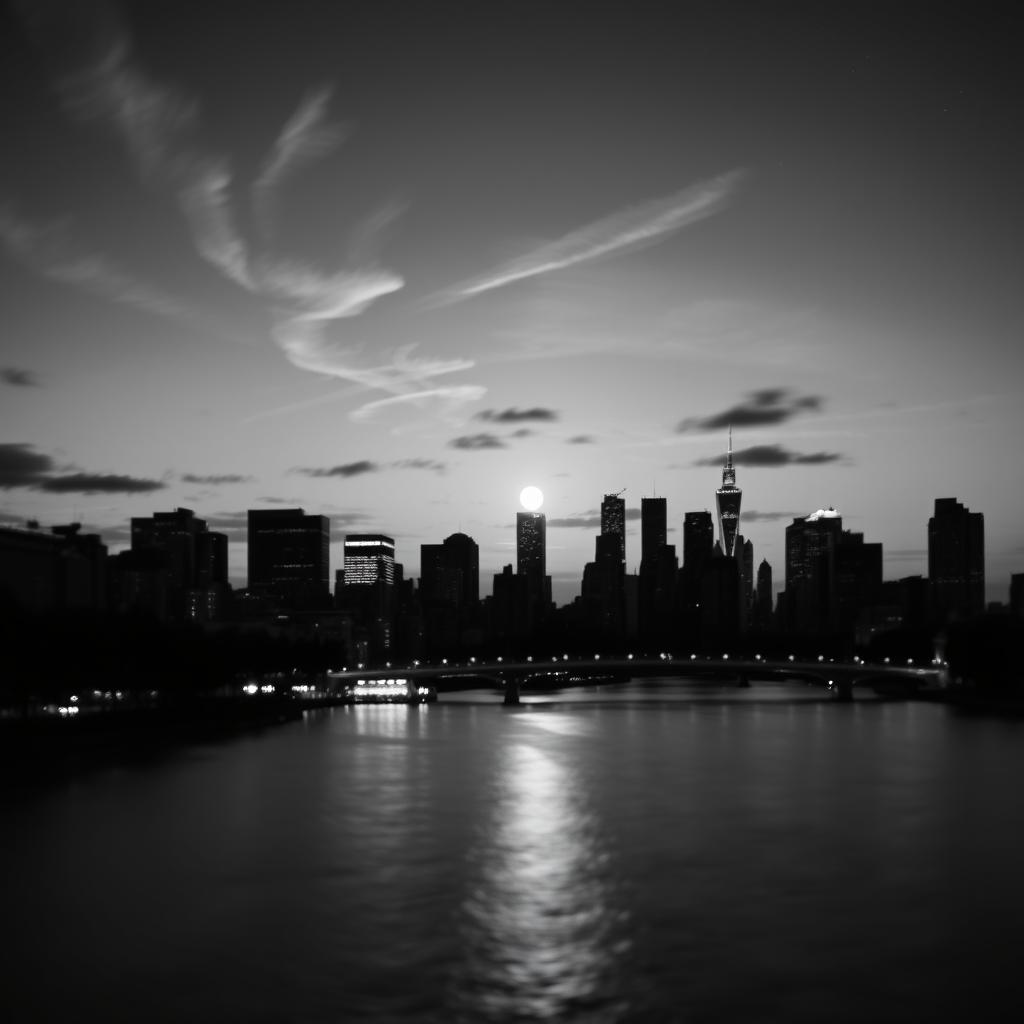 A stunning black and white image showcasing a dramatic city skyline at dusk with silhouettes of skyscrapers