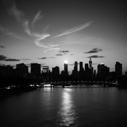 A stunning black and white image showcasing a dramatic city skyline at dusk with silhouettes of skyscrapers