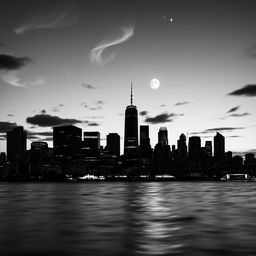 A stunning black and white image showcasing a dramatic city skyline at dusk with silhouettes of skyscrapers