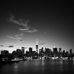 A stunning black and white image showcasing a dramatic city skyline at dusk with silhouettes of skyscrapers