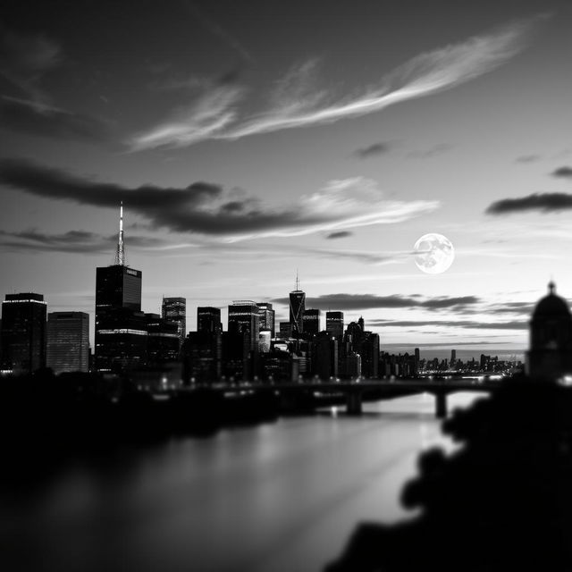 A stunning black and white image showcasing a dramatic city skyline at dusk with silhouettes of skyscrapers