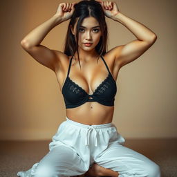 A young woman kneeling down, wearing a stylish black bra paired with long white pajamas
