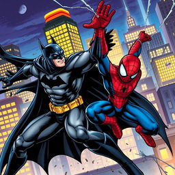 A dynamic comic book style illustration depicting an epic battle between Batman and Spider-Man in a vibrant city landscape