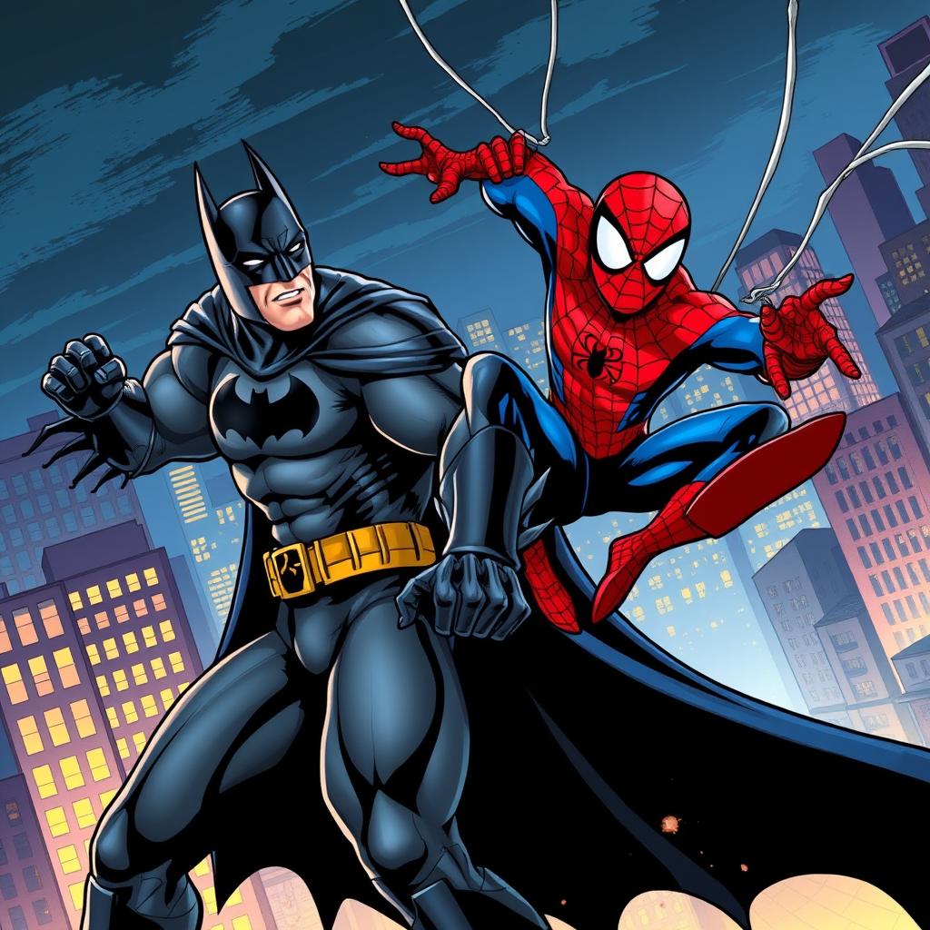 A dynamic comic book style illustration depicting an epic battle between Batman and Spider-Man in a vibrant city landscape