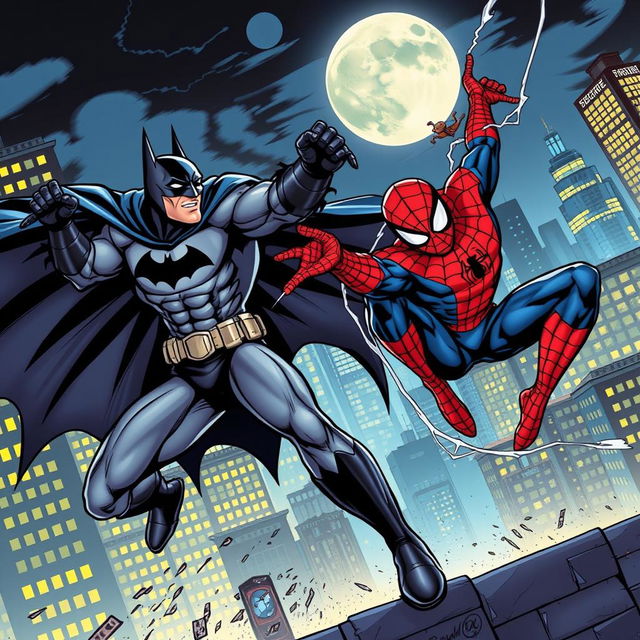 A dynamic comic book style illustration depicting an epic battle between Batman and Spider-Man in a vibrant city landscape