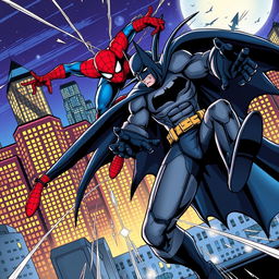 A dynamic comic book style illustration depicting an epic battle between Batman and Spider-Man in a vibrant city landscape