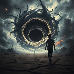 A dramatic scene depicting two young men walking side by side towards a massive, swirling black hole that is destroying the surrounding environment