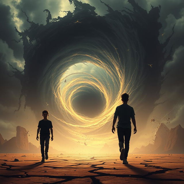 A dramatic scene depicting two young men walking side by side towards a massive, swirling black hole that is destroying the surrounding environment