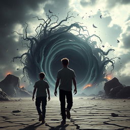 A dramatic scene depicting two young men walking side by side towards a massive, swirling black hole that is destroying the surrounding environment