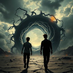 A dramatic scene depicting two young men walking side by side towards a massive, swirling black hole that is destroying the surrounding environment