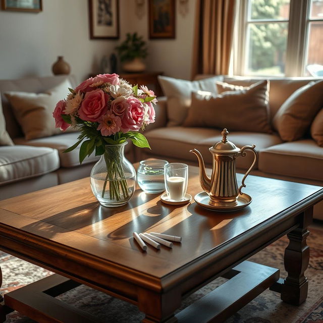 A cozy living room scene featuring a beautifully decorated table, devoid of any cigarettes or cigarette pockets