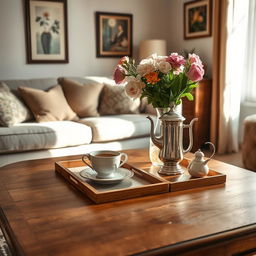 A cozy living room scene featuring a beautifully decorated table, devoid of any cigarettes or cigarette pockets