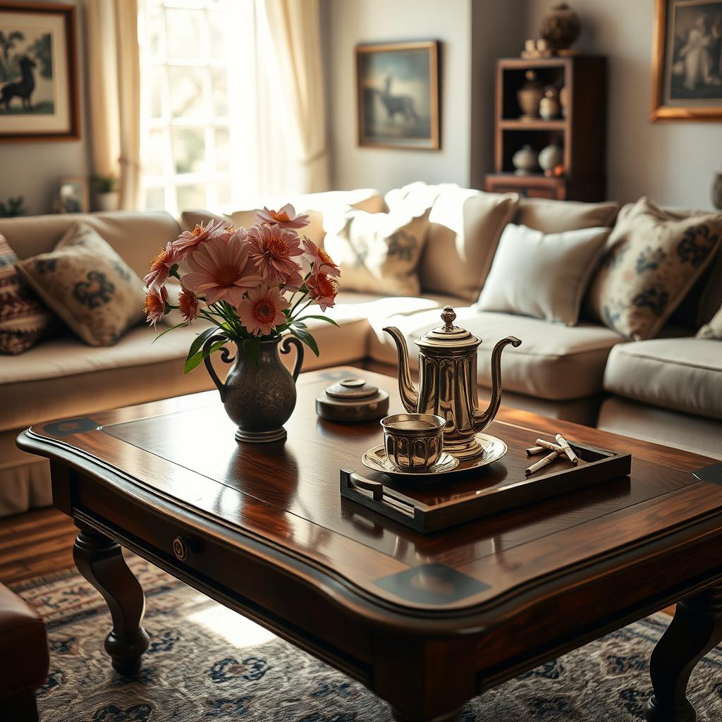 A cozy living room scene featuring a beautifully decorated table, devoid of any cigarettes or cigarette pockets