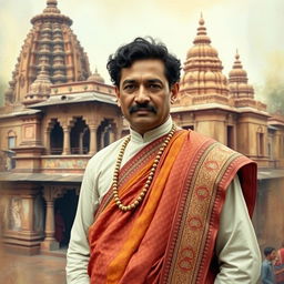 A historical portrait of Madhusudan Das, the prominent figure from Odisha, showcasing his traditional attire, intricately designed with rich textures