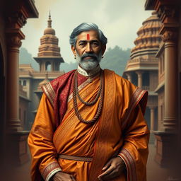 A historical portrait of Madhusudan Das, the prominent figure from Odisha, showcasing his traditional attire, intricately designed with rich textures