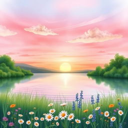 A serene landscape featuring a tranquil lake surrounded by lush greenery and colorful wildflowers
