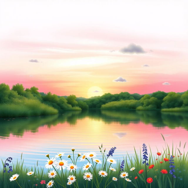 A serene landscape featuring a tranquil lake surrounded by lush greenery and colorful wildflowers