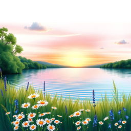 A serene landscape featuring a tranquil lake surrounded by lush greenery and colorful wildflowers