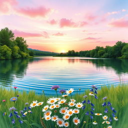 A serene landscape featuring a tranquil lake surrounded by lush greenery and colorful wildflowers