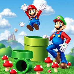A vibrant and colorful Super Mario-themed scene featuring Mario, a plump and energetic plumber dressed in a red hat with an 'M', blue overalls, and a thick mustache, jumping high in the air with excitement