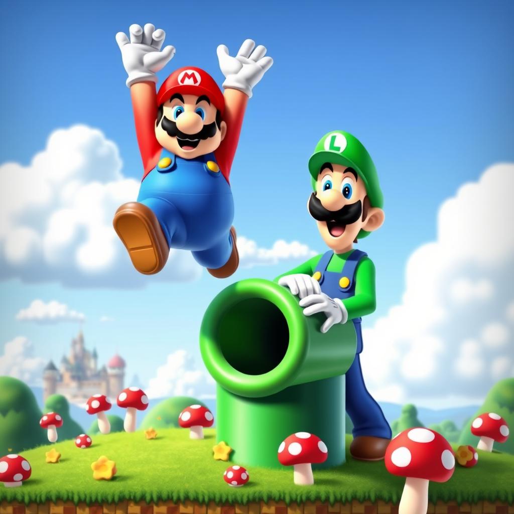 A vibrant and colorful Super Mario-themed scene featuring Mario, a plump and energetic plumber dressed in a red hat with an 'M', blue overalls, and a thick mustache, jumping high in the air with excitement