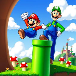 A vibrant and colorful Super Mario-themed scene featuring Mario, a plump and energetic plumber dressed in a red hat with an 'M', blue overalls, and a thick mustache, jumping high in the air with excitement