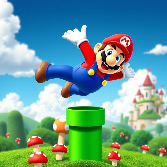 A vibrant and colorful Super Mario-themed scene featuring Mario, a plump and energetic plumber dressed in a red hat with an 'M', blue overalls, and a thick mustache, jumping high in the air with excitement