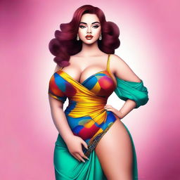 A digital art image of a young woman with fair skin and a curvaceous figure