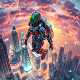 An isometric perspective of a futuristic cyborg equipped with a sleek jetpack, hovering above a vibrant, neon-lit cityscape