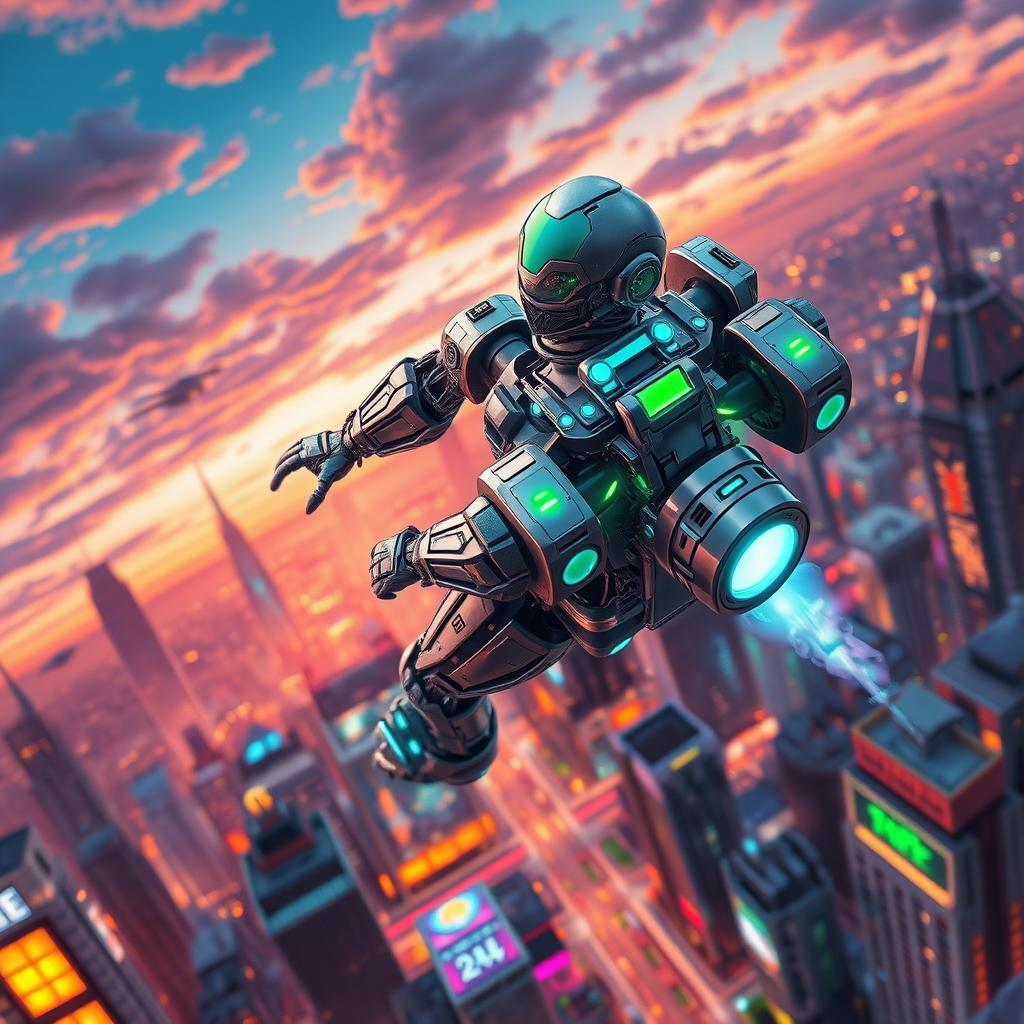 An isometric perspective of a futuristic cyborg equipped with a sleek jetpack, hovering above a vibrant, neon-lit cityscape