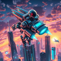 An isometric perspective of a futuristic cyborg equipped with a sleek jetpack, hovering above a vibrant, neon-lit cityscape