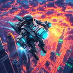 An isometric perspective of a futuristic cyborg equipped with a sleek jetpack, hovering above a vibrant, neon-lit cityscape