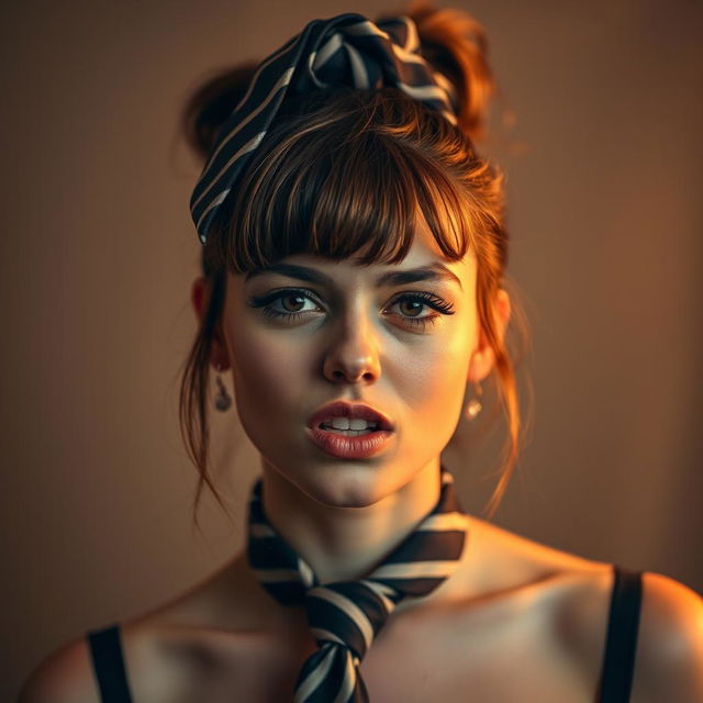 A young woman, styled artistically, is tied up with a men's tie above her head, creating a striking and bold visual