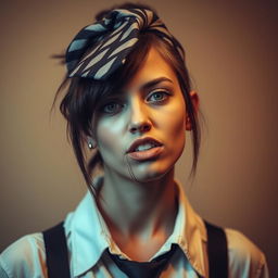 A young woman, styled artistically, is tied up with a men's tie above her head, creating a striking and bold visual
