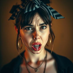 A young woman, styled artistically, is tied up with a men's tie above her head, creating a striking and bold visual