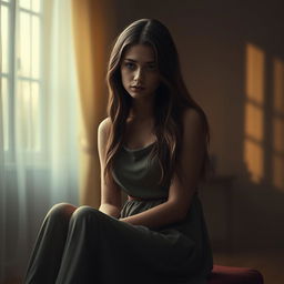 A poignant depiction of a sad woman sitting alone in a softly lit room, her expression contemplative and melancholic