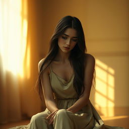 A poignant depiction of a sad woman sitting alone in a softly lit room, her expression contemplative and melancholic