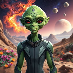 A humanoid alien with vibrant green skin, wearing a sleek futuristic suit, standing confidently on an alien landscape