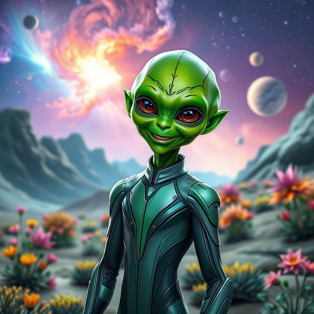 A humanoid alien with vibrant green skin, wearing a sleek futuristic suit, standing confidently on an alien landscape