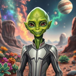 A humanoid alien with vibrant green skin, wearing a sleek futuristic suit, standing confidently on an alien landscape
