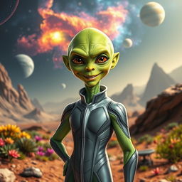 A humanoid alien with vibrant green skin, wearing a sleek futuristic suit, standing confidently on an alien landscape
